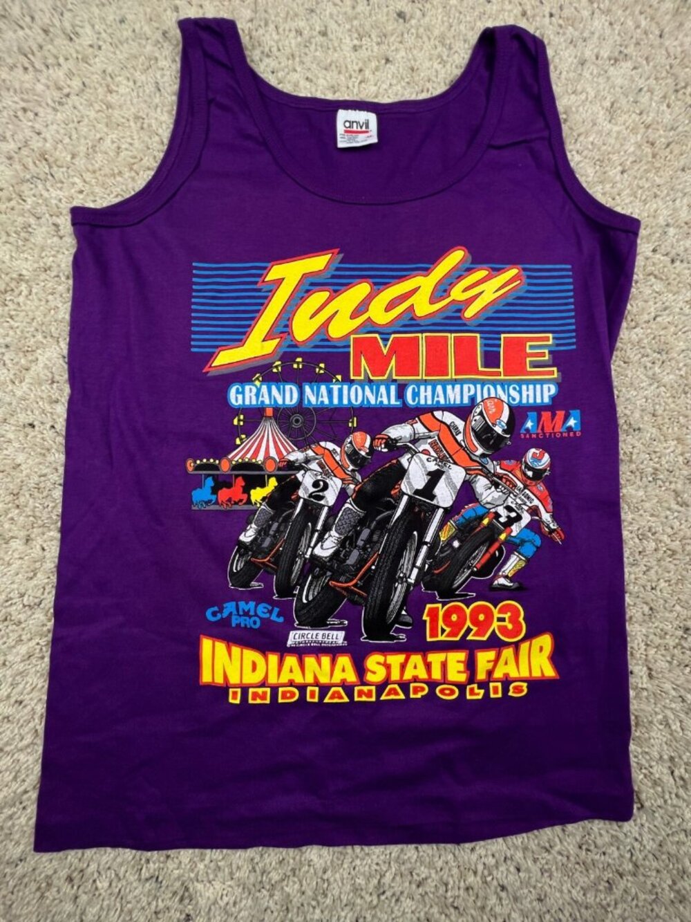 Vintage Single Stitch Sleeveless Tee Anvil Red Tag AOP “Indy Mile” 1993 Purple M